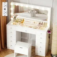 Nordic luxury Vanity with Lighted Mirror, 3 Color Lighting Adjustable Brightness, Makeup Desk with Glass Top and 11 Drawers