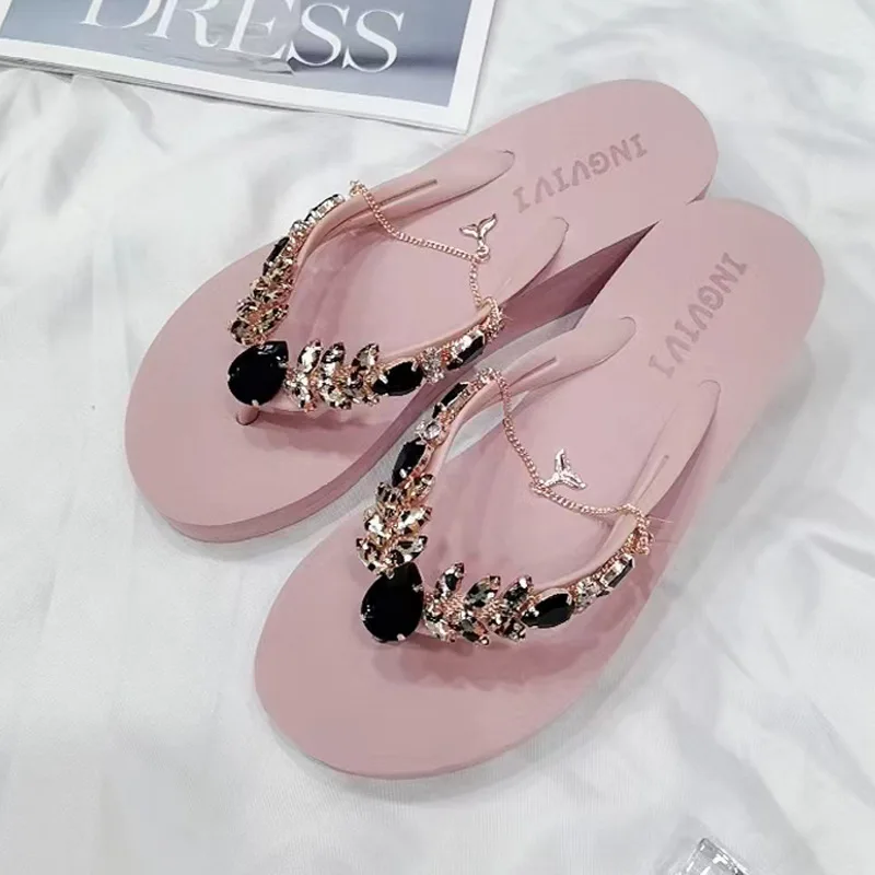 Summer Women Flip Flops Beach Vacation Luxury Slippers Rhinestone Sides Sandals Flat With Soft Casual Shoes For Female