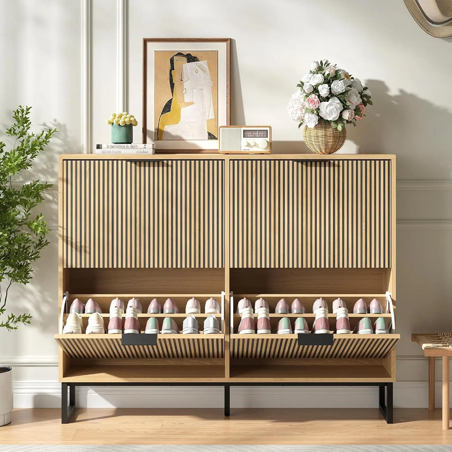 خزانة تخزين الأحذية للمدخل مع 4 أدراج قابلة للطي، خزانة رف الأحذية الضيقة، تخزين الأحذية النحيفة المخفية أورجاني الأحذية القائمة بذاتها