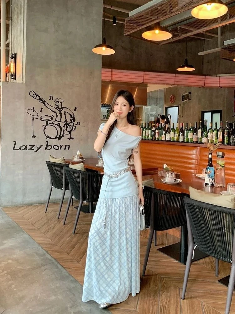 

2026 Vintage Summer Off Shoulder Top and Plaid Skirt Set for Women Slim Fit Casual Two Piece Outfit Fashion
