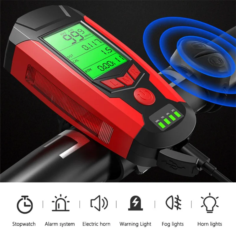 3 In 1 USB Rechargeable Bicycle Flashlight With Computer Speedometer 5 Lighting Modes Bicycle Headlight Beep Bicycle Flashlight