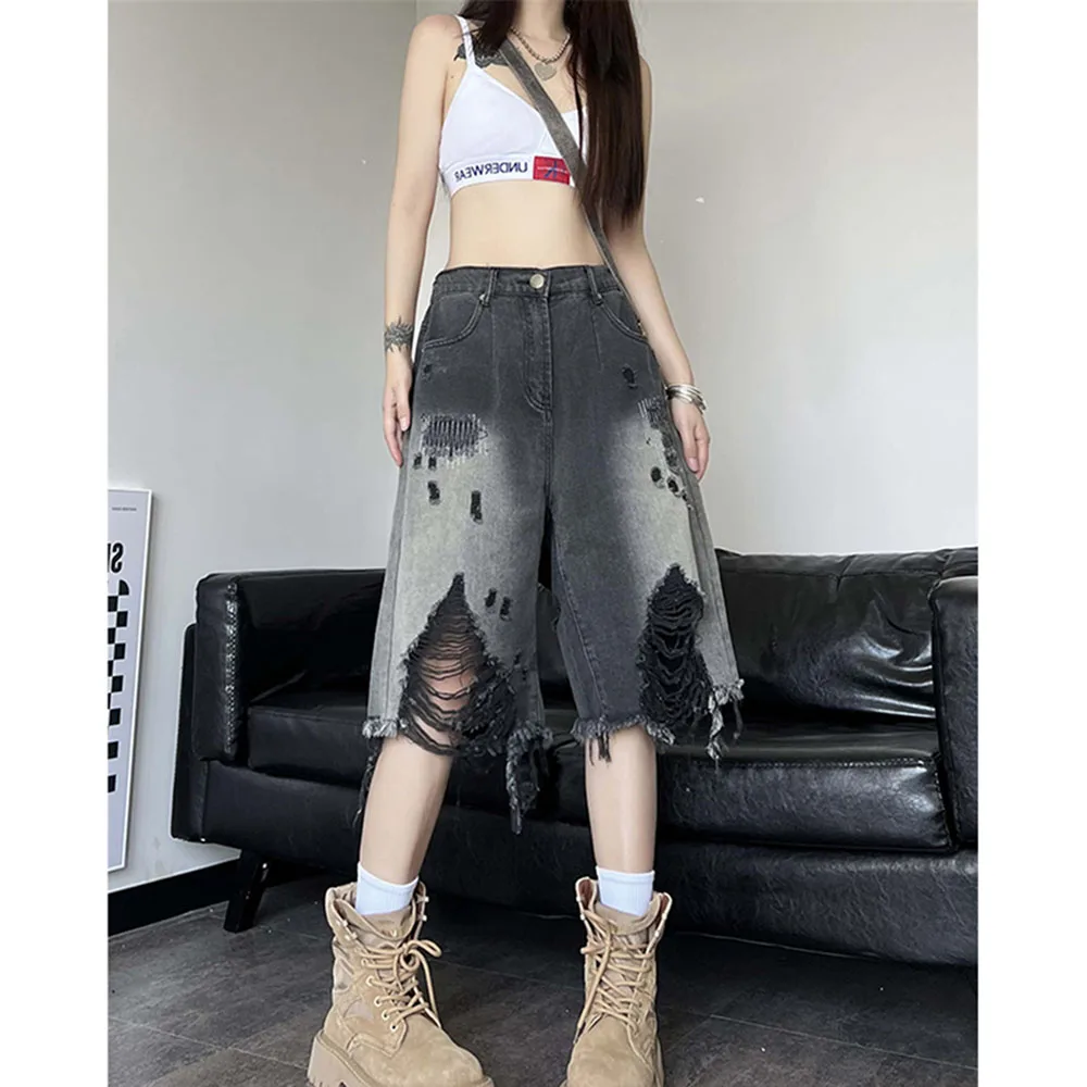 Zomer Dames Streetwear Vintage Gradiënt Jeans Shorts Amerikaanse Retro Hip Hop Gat brekend ontwerp Cowboy vijfkwart denim broek