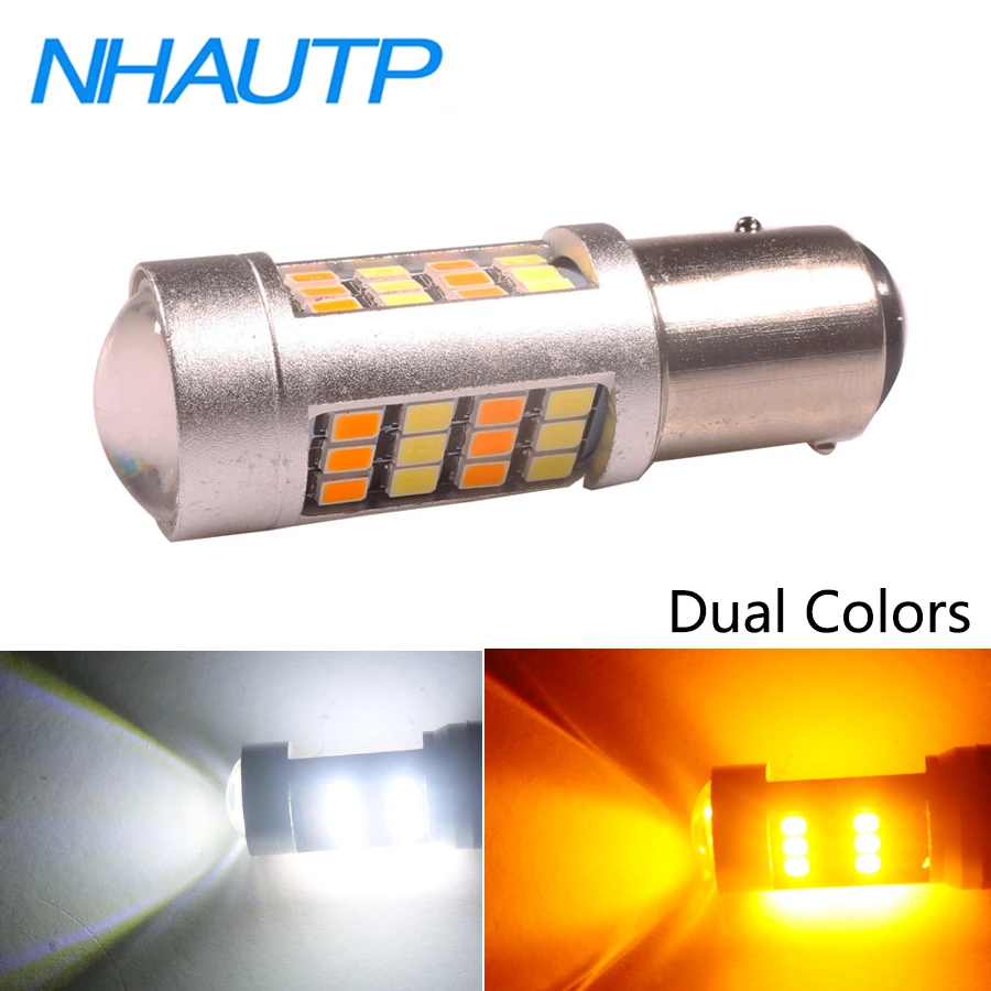 NHAUTP 1Pcs 1157 Dual Colors Bulb BAY15D P21/5W LED Auto Lamp White+Amber Car Driving/Brake/ Turn Signal Light 42-Smd 12V