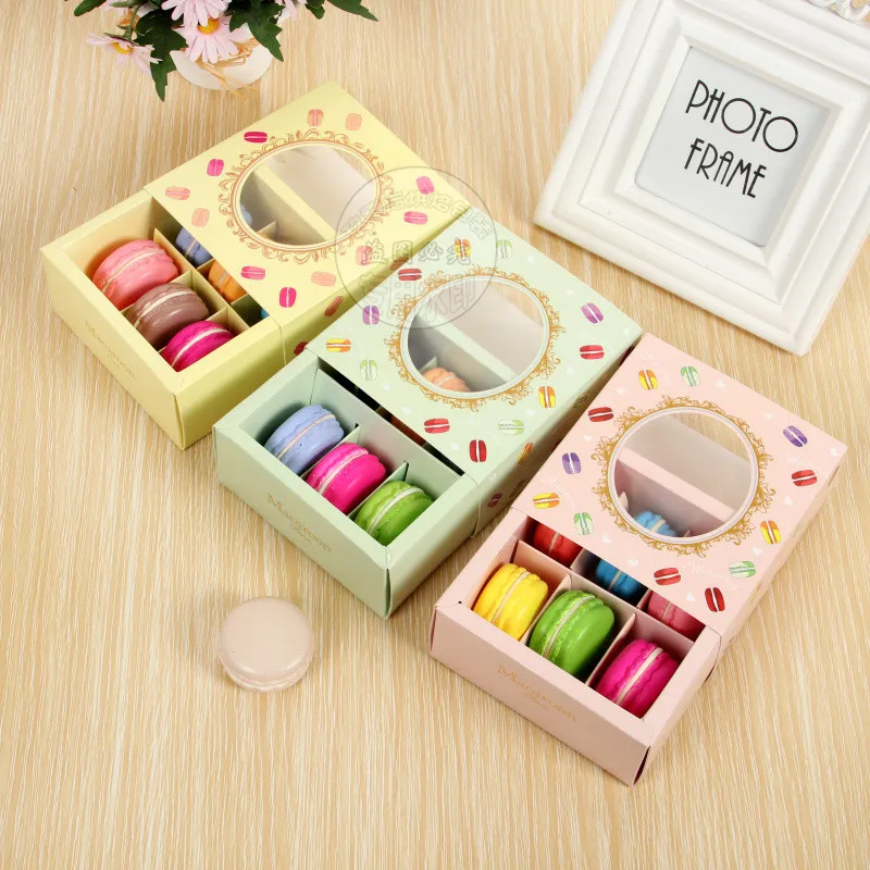 

100pcs/lot Pink/green/yellow Macaron Box with Transparent Window Dessert Macarons Pastry Packaging Boxes Event Party Supplies