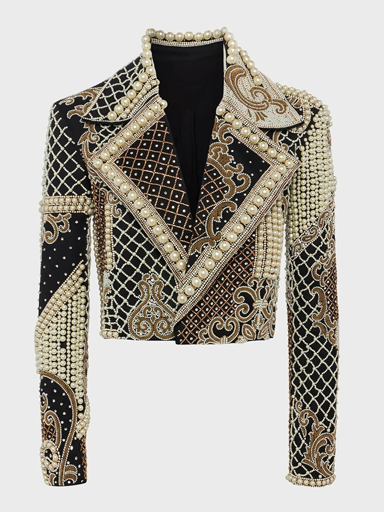 HIGH STREET Newest 2025 Stylish Designer Fashion Women's Luxurious Diamonds Pearls Embroidered Beaded Cropped Velvet Jacket