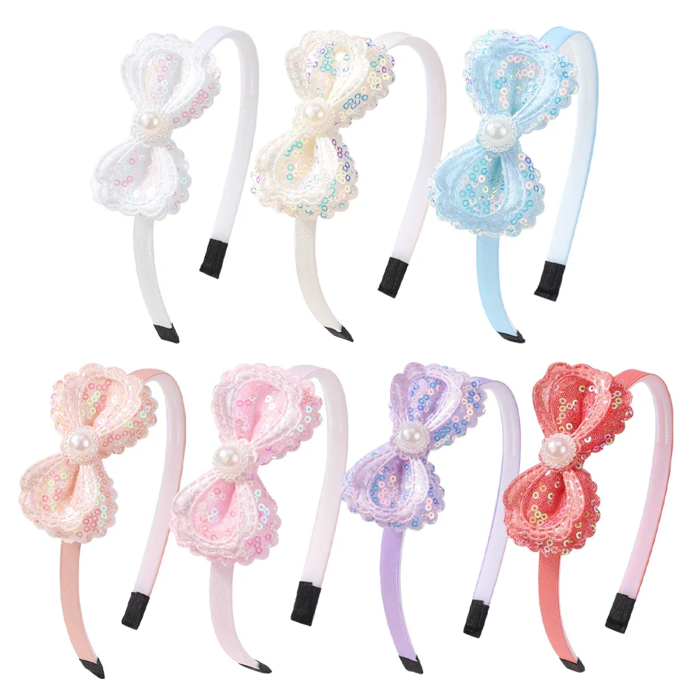 

Wholesale Cute Kids Hair Accessories Lovely Shiny Headband Bows Hairhoop for Girl Exquisite Simulated Pearls Bow Headwear