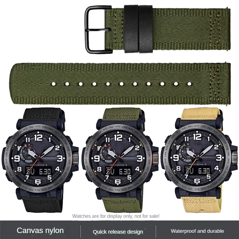 Substitute For PRG-600YB/PRW-6600/PRG-650 Series Army Green Nylon Canvas Watch Strap 24mm