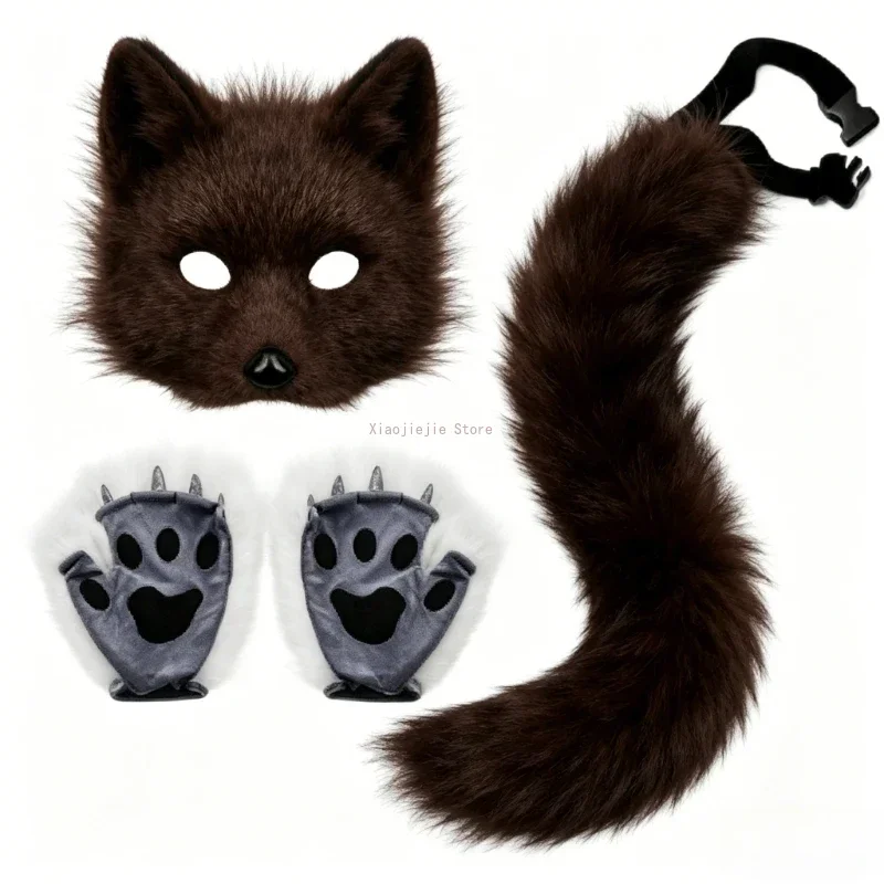 Black Faux Fur Cat Ears Mask Tail and Paws Set, Animal Cosplay Costume Accessories for Halloween Party & Comic Con