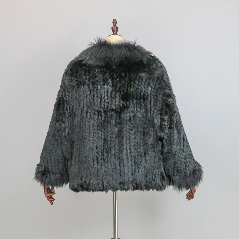 Nuevo Chal de Piel de Conejo Auténtica Tejida Extra Largo con Cuello de Piel de Zorro, Chaqueta de Punto de Moda para Mujer