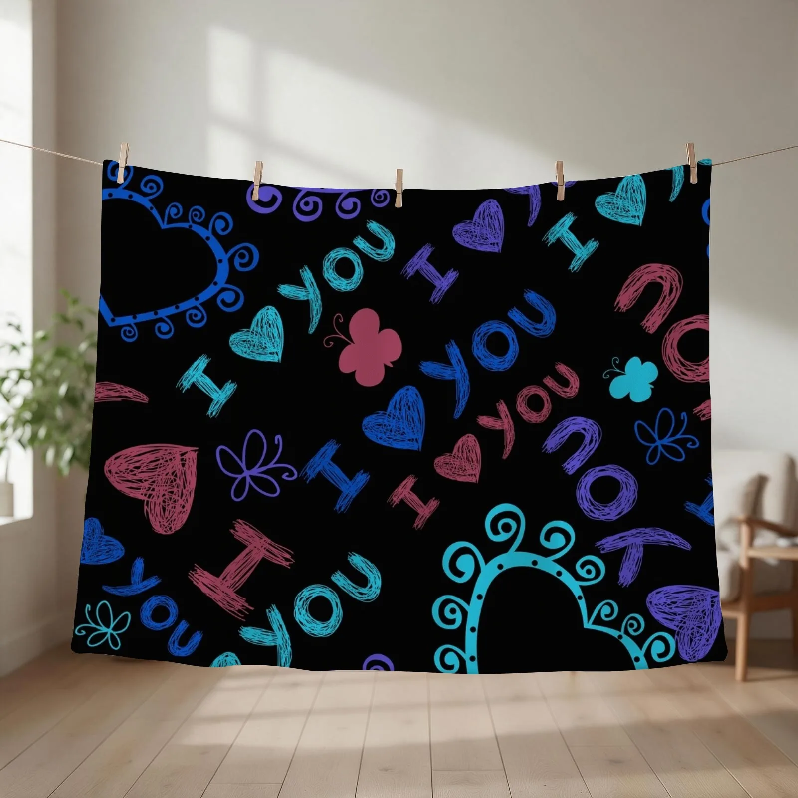 I love you and purple and blue hearts on a black background Throw Blanket