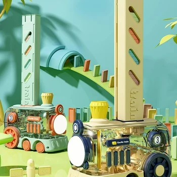 Kids Electric Domino Train Set with Automatic Lighting Sound Effects Colorful Domino Train Laying DIY Toys for Children Birthday Gift