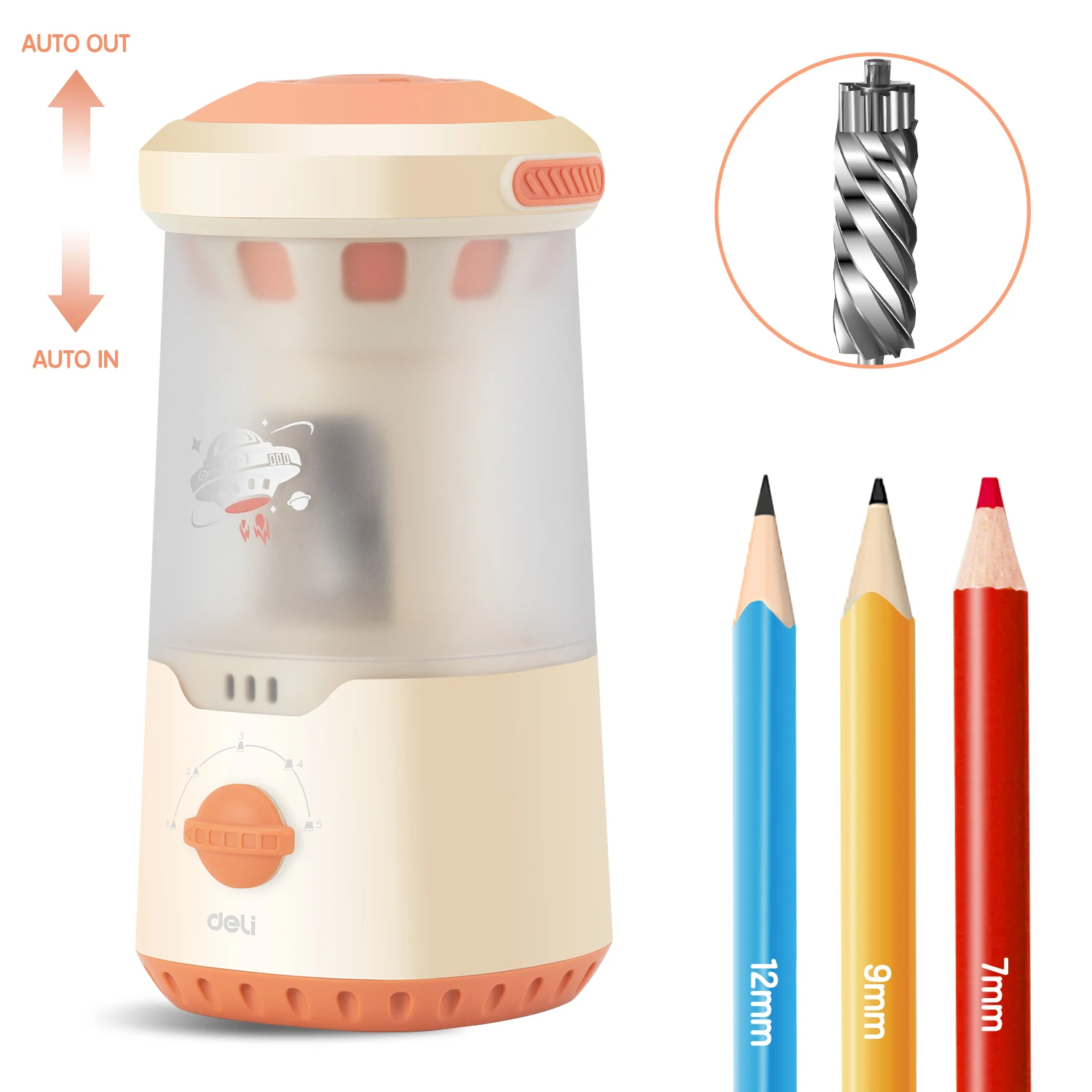 

Автоматическая электрическая точилка для карандашей Deli, перезаряжаемая и громкая связь для дома и класса, дизайн космического корабля