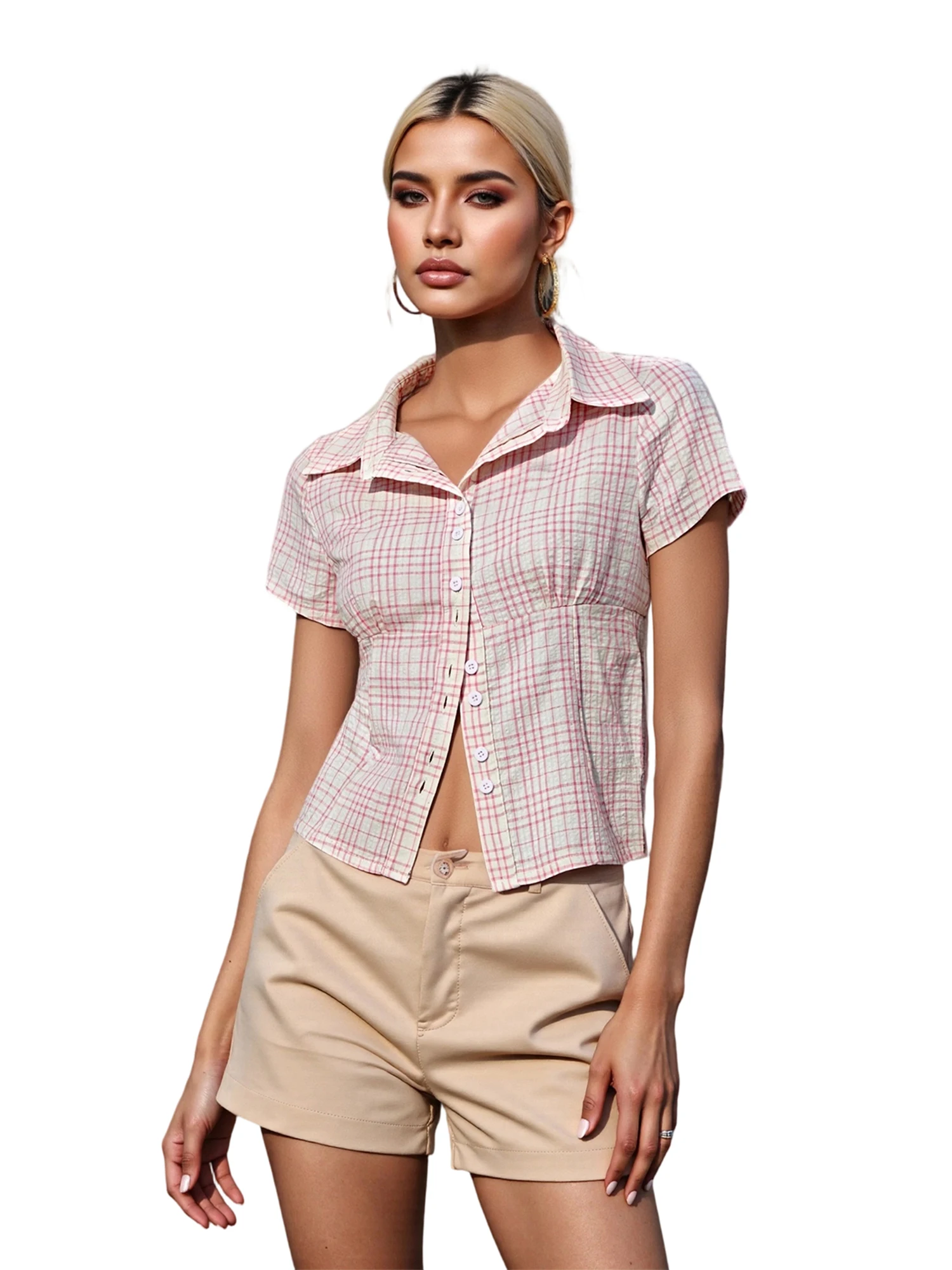 قميص نسائي منقوش بأزرار وأكمام قصيرة وياقة مناسبة بلوزة صيفية غير رسمية