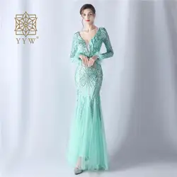 Mint Green Mermaid V Neck Luxury Women Evening Dresses 2024 V Neck Maxi Sequin Mesh Birthday Prom Gowns Elegant New Year Vestido