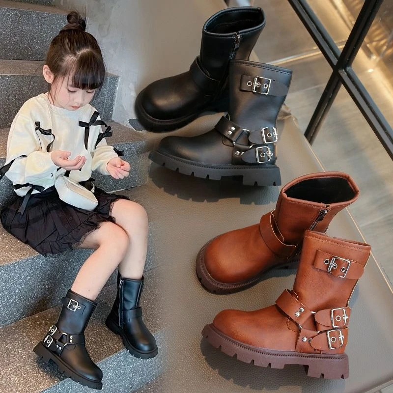Kids Winter Boots 2026 Korean Inspired British Style Mid Calf Boots for Boys Girls Casual Leather Look Children's Footwear