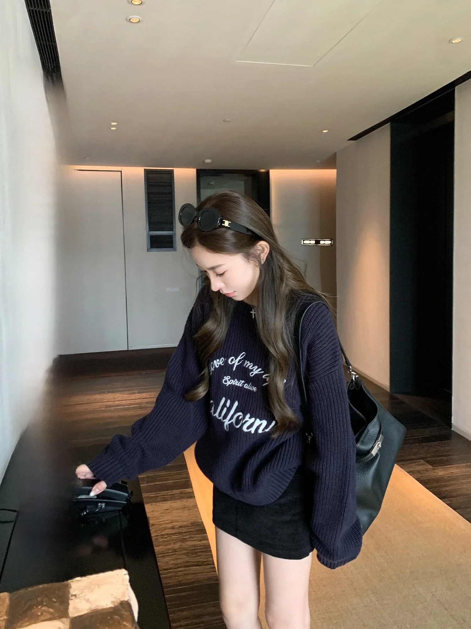 

Hhi American High School Student Lazy Sle Letter Hoodie Women's Autumn Winter Loose Casual Versatile Knitted Sweater