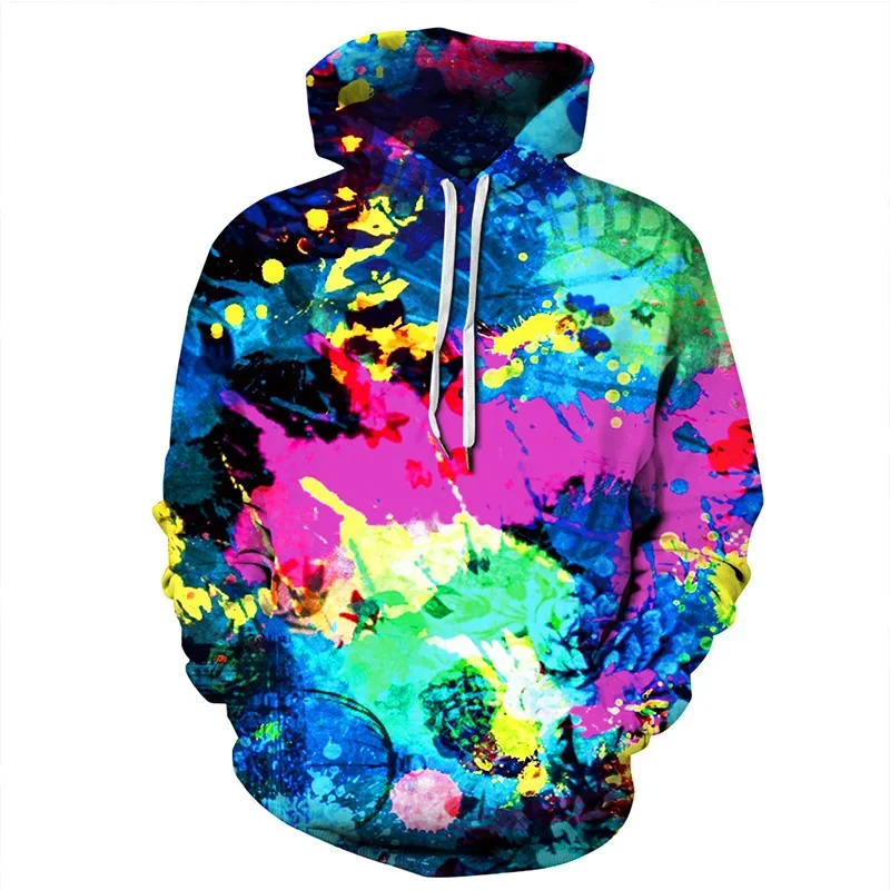 Men's Colorful Paint Splash 3D Print Hoodie Rainbow Ink Splatter Pullover Hooded Sweatshirt Streetwear Top