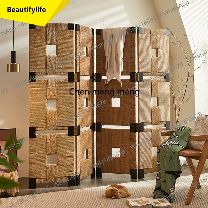 

01A Wabi Jifeng: Складная ширма-перегородка из ротанга и массива дерева с плетеным узором из конопляной веревки для гостиной, прихожей, веранды