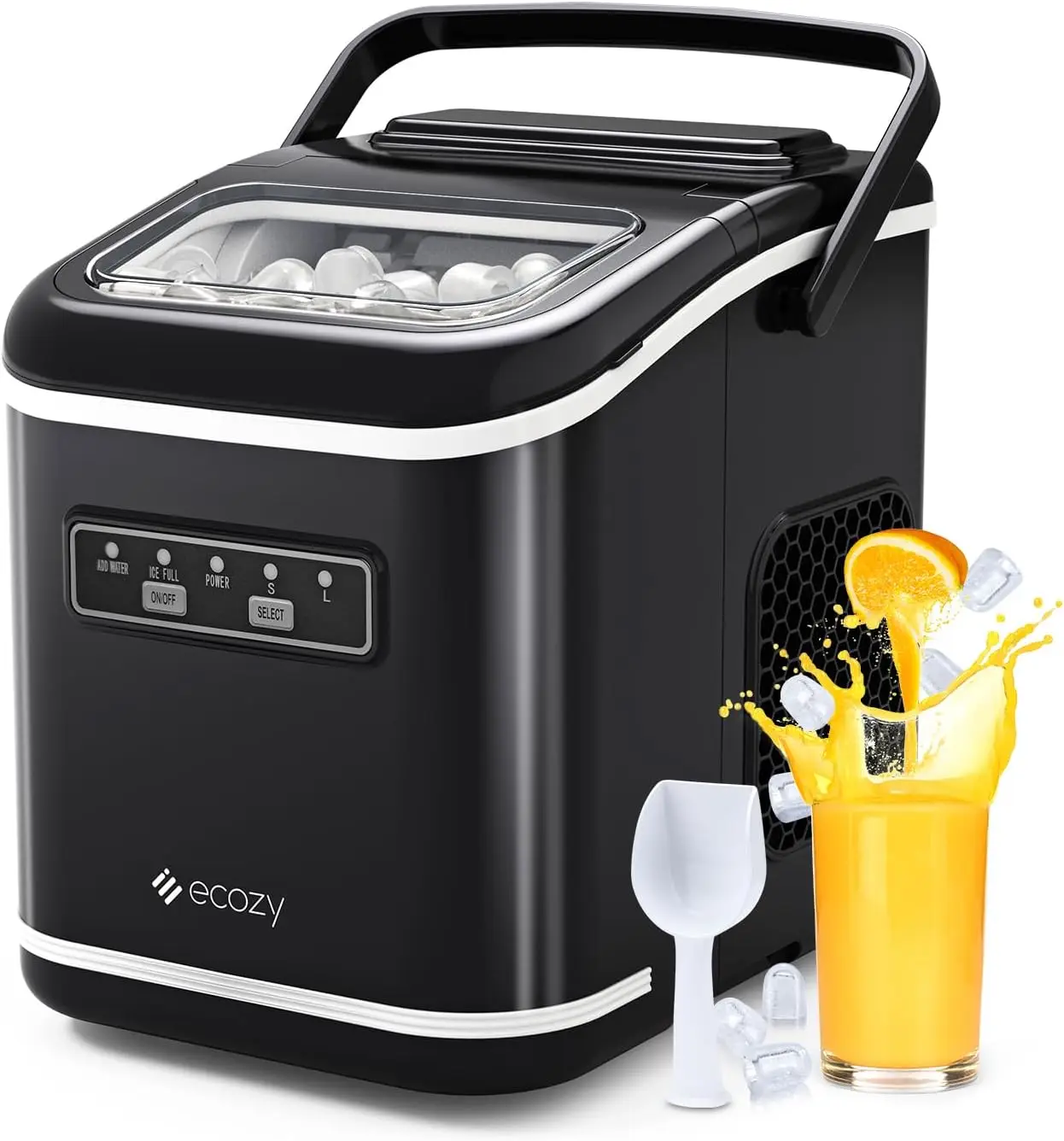

Portable Countertop Ice Maker, Self-Cleaning, Makes 9 Bullet Ice Cubes in 6 Mins, 26lbs/24Hrs, Includes Accessories for Easy Use