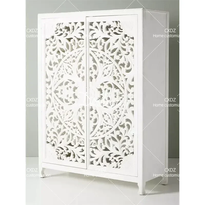Retro Solid Wood Wardrobe European Style Hollow Carved Bedroom Storage Cabinet Fashionable Design Opposite Door Furniture