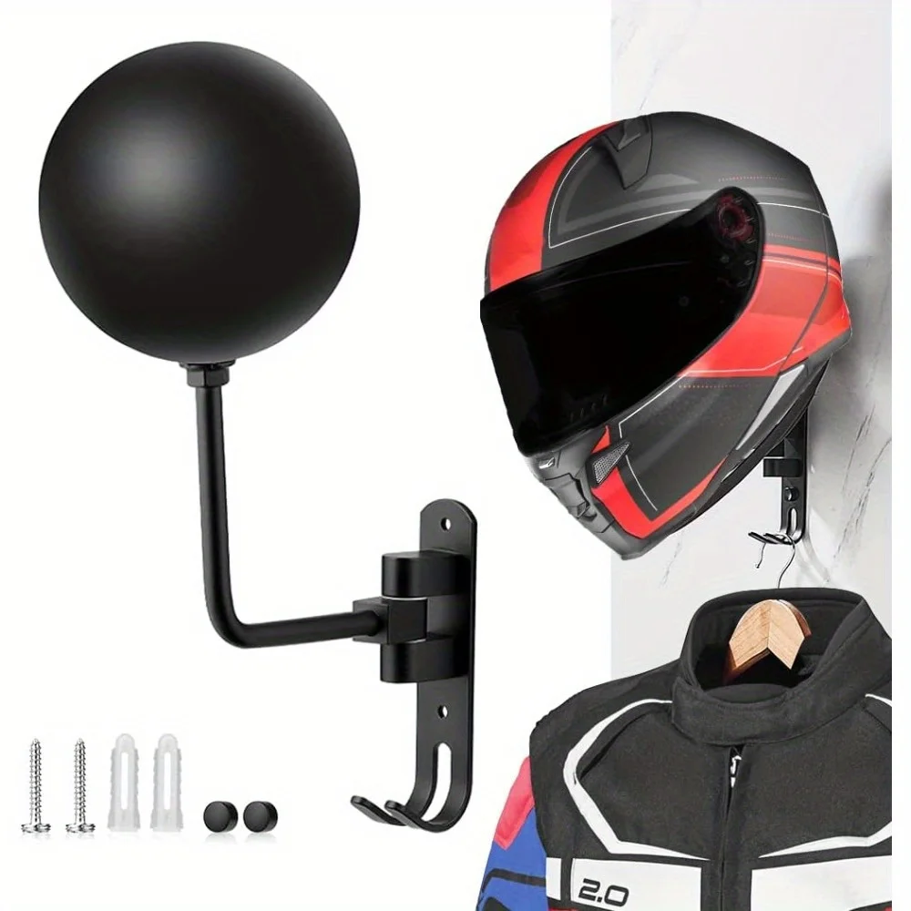 Durable 180° Rotation Aluminum Motorcycle Helmet Wall Mount - 2-Hook Holder for Helmets Jackets
