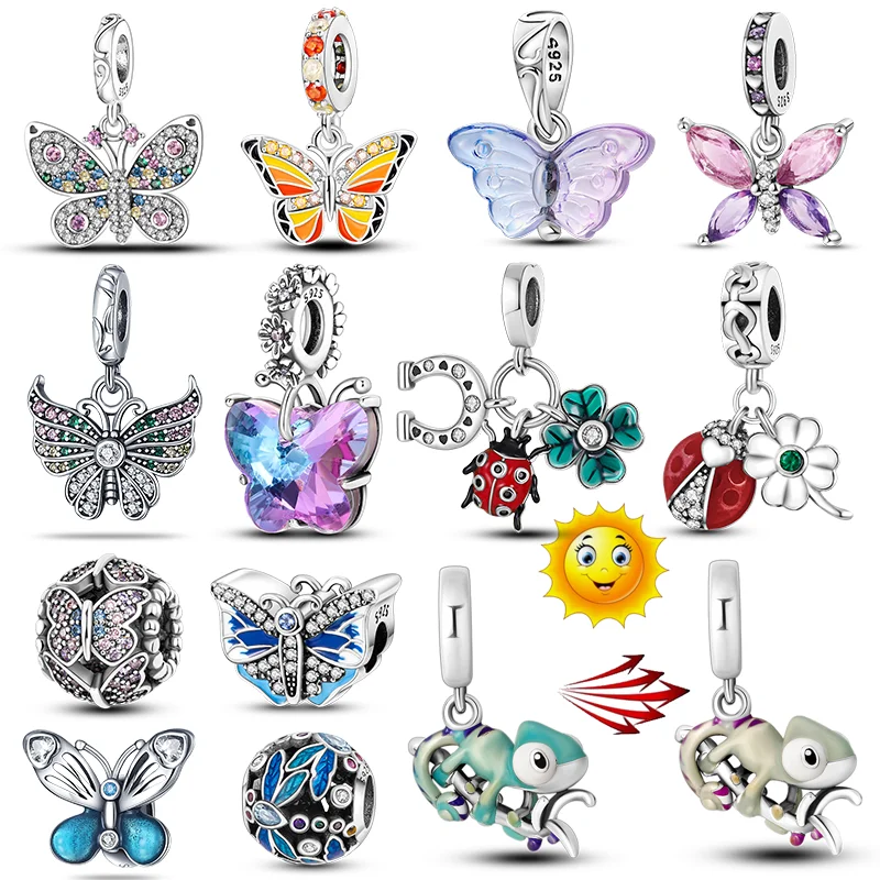 

925 Sterling Silver Gold Chameleon Butterfly Insect Charm Collection Beads For Original Pandora Bracelet DIY Making Gift Women