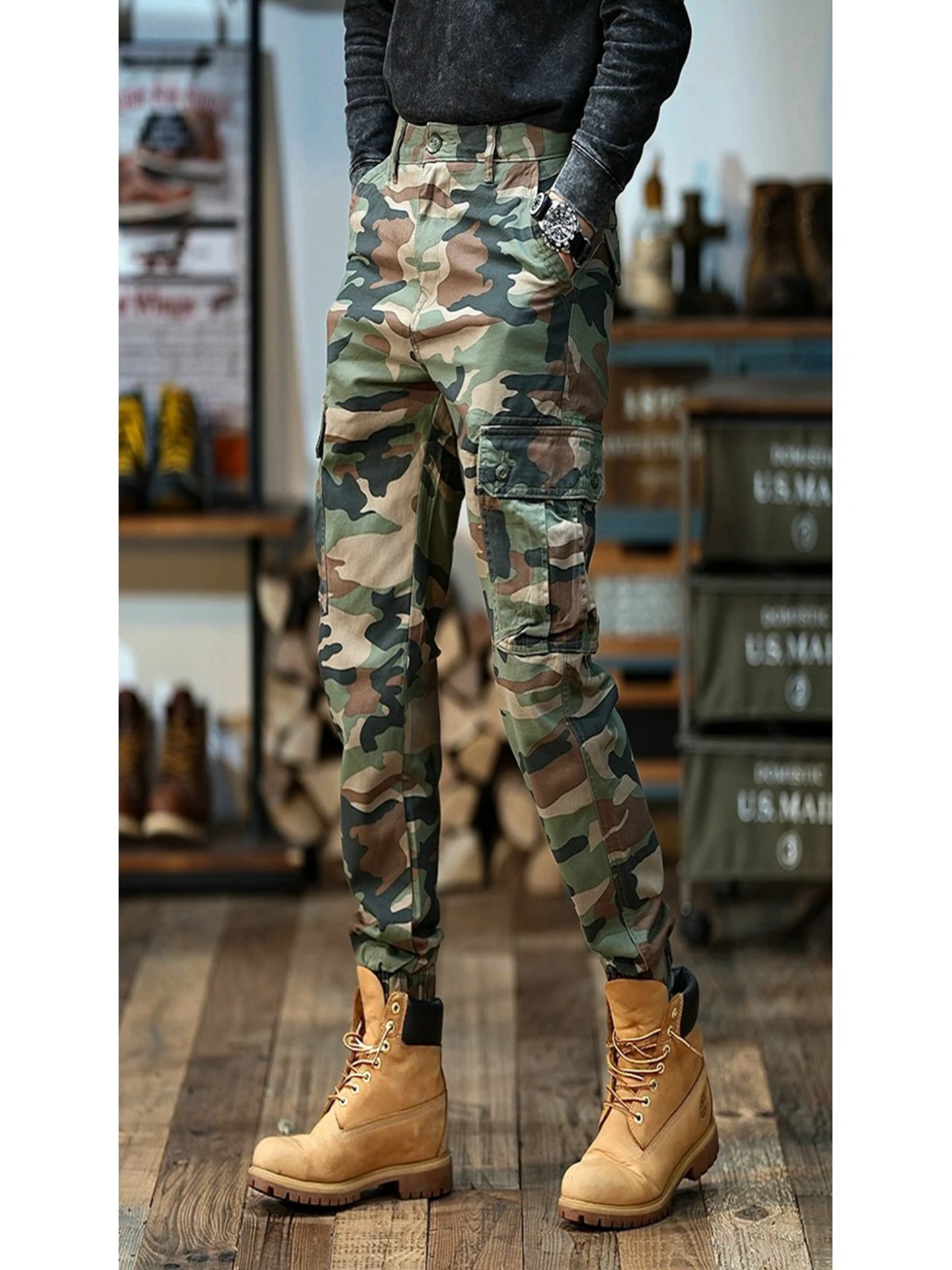 

Весенне-осенние камуфляжные брюки из чистого хлопка для рабочей одежды, мужские универсальные брюки в американском стиле, большие износостойкие повседневные тонкие брюки...