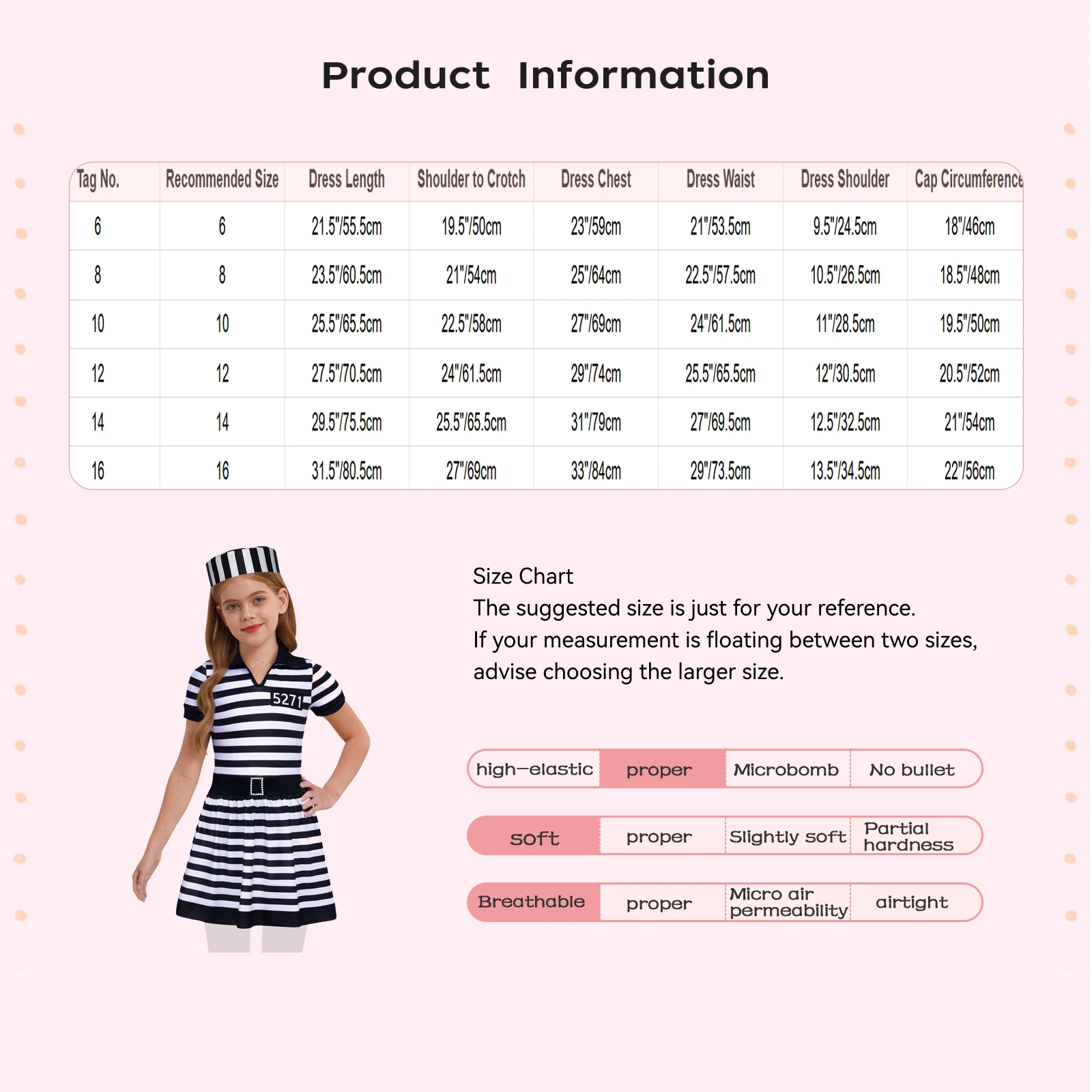 

Kids Girls Prisoner Striped Dress for Halloween Costume Convict Cosplay Short Sleeve Built-In Briefs Dress and Convict Caps