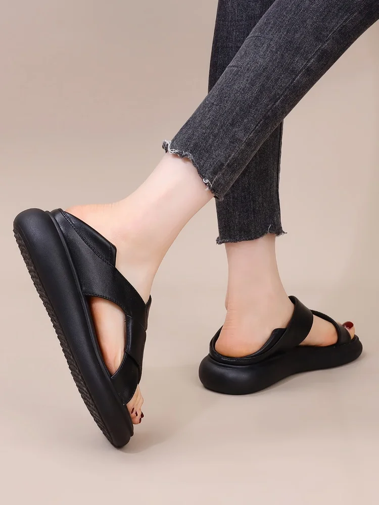 Sandalias Romanas de Cuero Genuino para Mujer, Verano, Exterior, Planas, Suela Suave, Moda, Dos Usos, Transpirables, Caladas