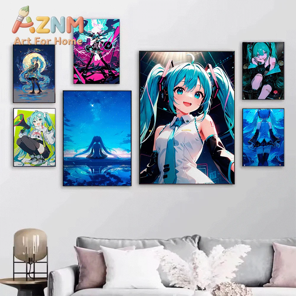 AZNM Hatsune Miku Retro Radio Poster Canvas Painting, Frameless Canvas Wall Art, Virtual Singer Anime Wall Painting for Bedroo