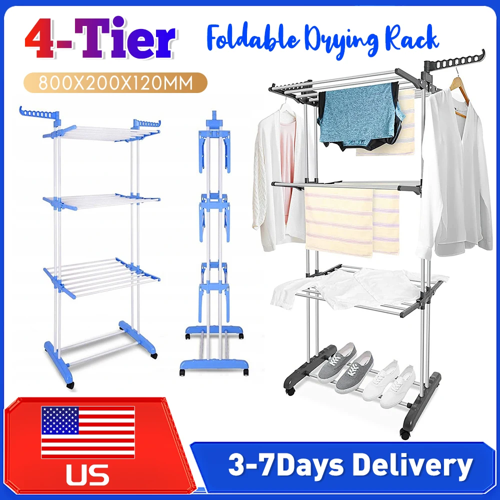 

4-уровневая складная напольная сушилка на 4 колесиках с выдвижными боковыми секциями для одежды, полотенец, обуви (для использования в помещении)