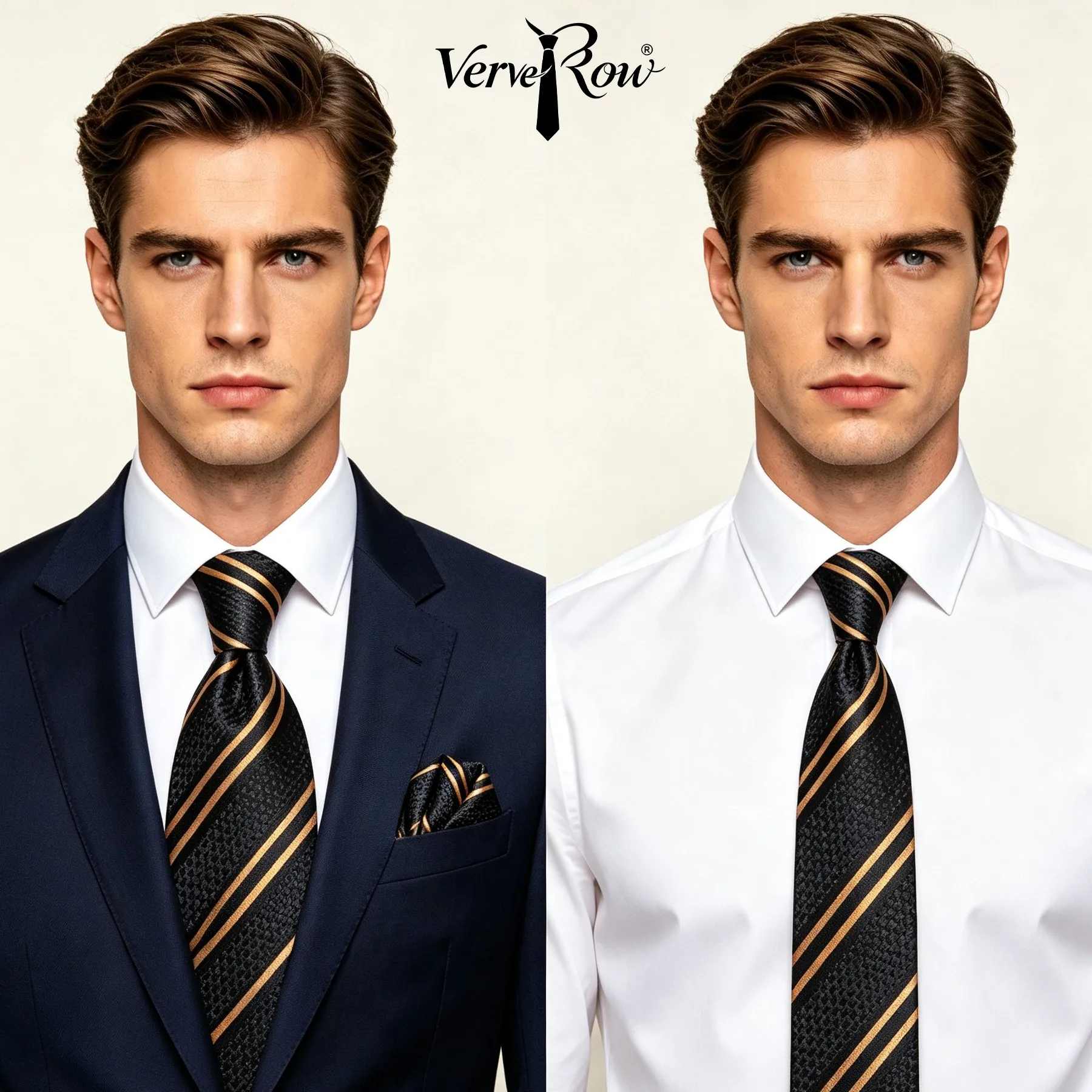 VERVEROW Men Black Gold Diagonal Stripe Necktie Pocket Square Set Textured Formal Tie Handkerchief Suit for Business