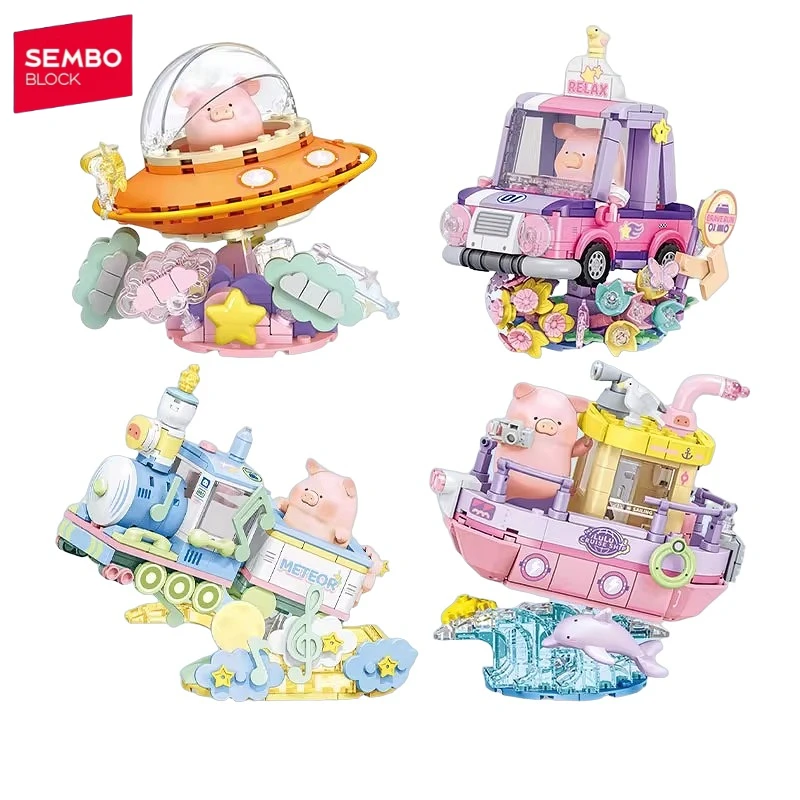 

SEMBO LULU Pig Street View Vehicle Model Building Blocks Educational Toys Series Handmade Building Blocks Cartoon Kawaii Gift