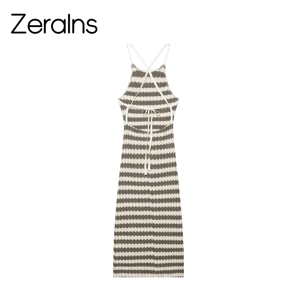 ZERAINS otoño nueva ropa de mujer estilo europeo y americano ajustado tirantes vestido largo liso a rayas