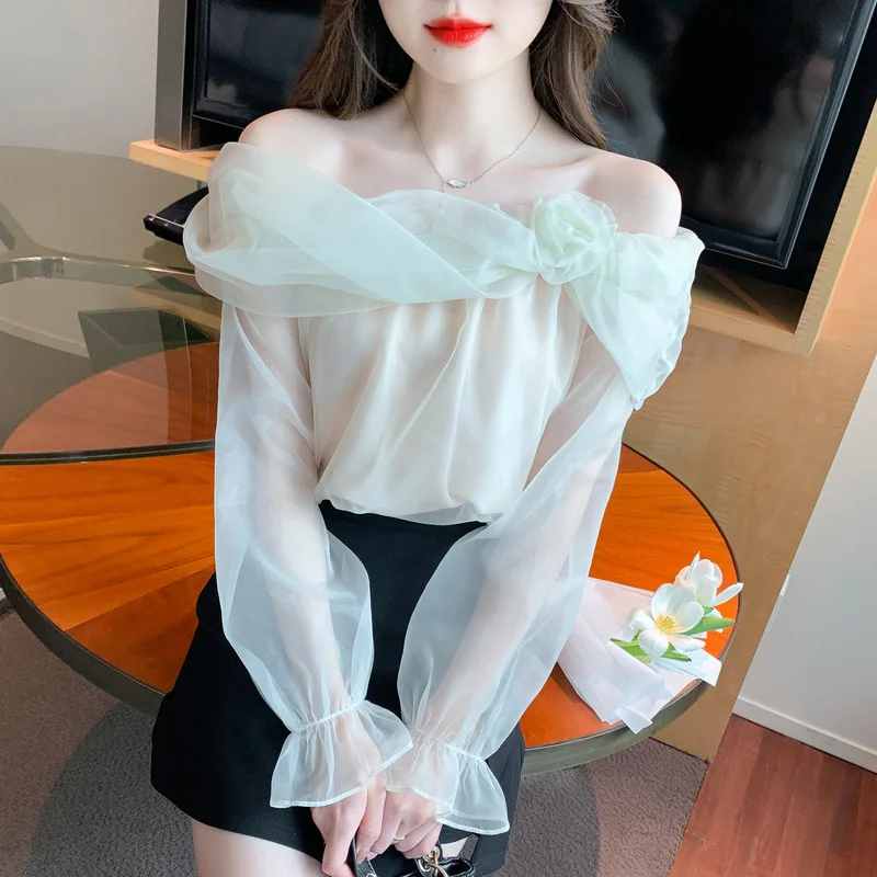 utumn New French Off Shoulder Top Sexy Sweet Long Sleeve Chiffon Shirt Blouse Women\'s 3D Flower Pink Off White Shirt Top