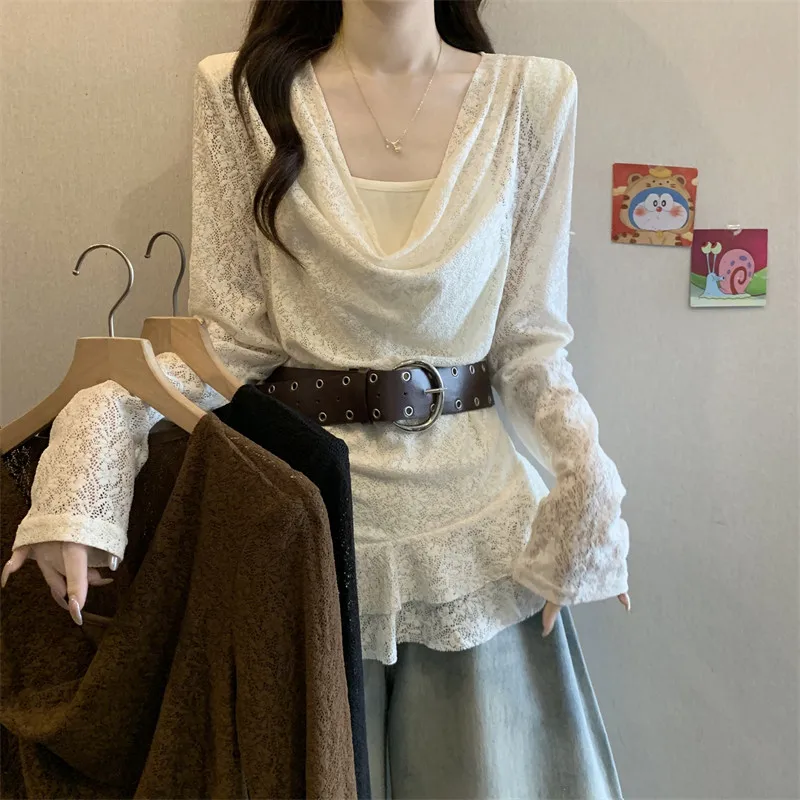 Autumn Spicy Girl T-Shirt Women's High Waist Ruffle Hem Fake Two-Piece Lace Top City Walk Long Sleeve Bell Sleeve Fashion