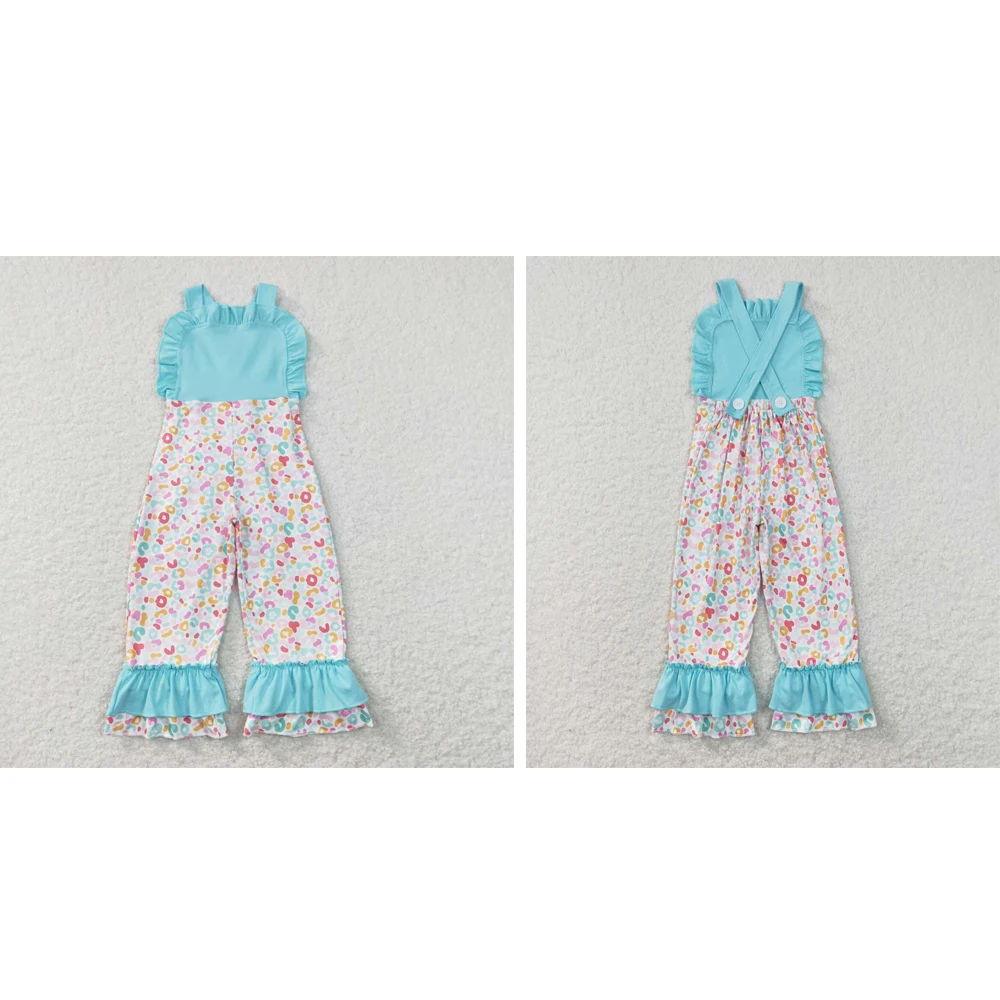 

wholesale children's clothing hot sale western boutique baby girls clothes Colorful leopard print blue lace overalls jumpsuit