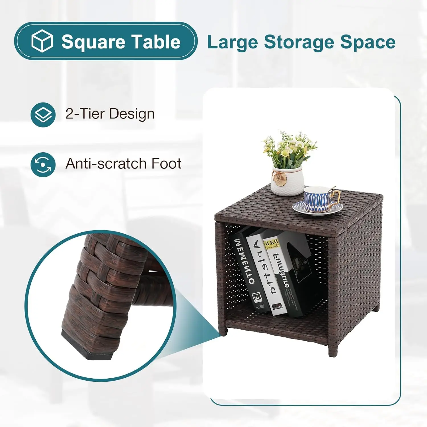 5 Stuks Patio Conversatie Set Balkon Meubelset Met Kussens, Bruine Rieten Stoel Met Poef, Opbergtafel Voor Achtertuin