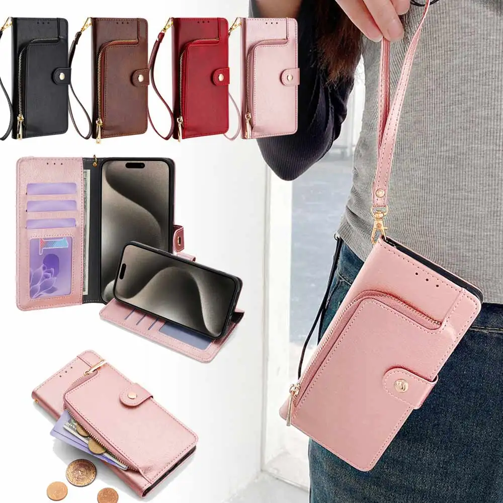 Lanyard Leder Reiß verschluss Brieftasche Handy hülle für Samsung Galaxy S24 Fe Galaxy M55 C55 5G Schutzhülle multifunktion ale Handy tasche