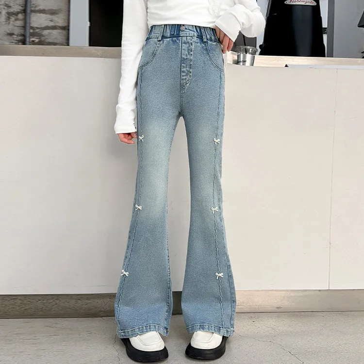 جينز بناتي 2025 جديد ربيع الخريف للأطفال لطيف الترفيه القوس الدنيم الأزرق الأطفال متوهج السراويل ملابس فتاة في سن المراهقة بنطلون 5-14 سنة #3