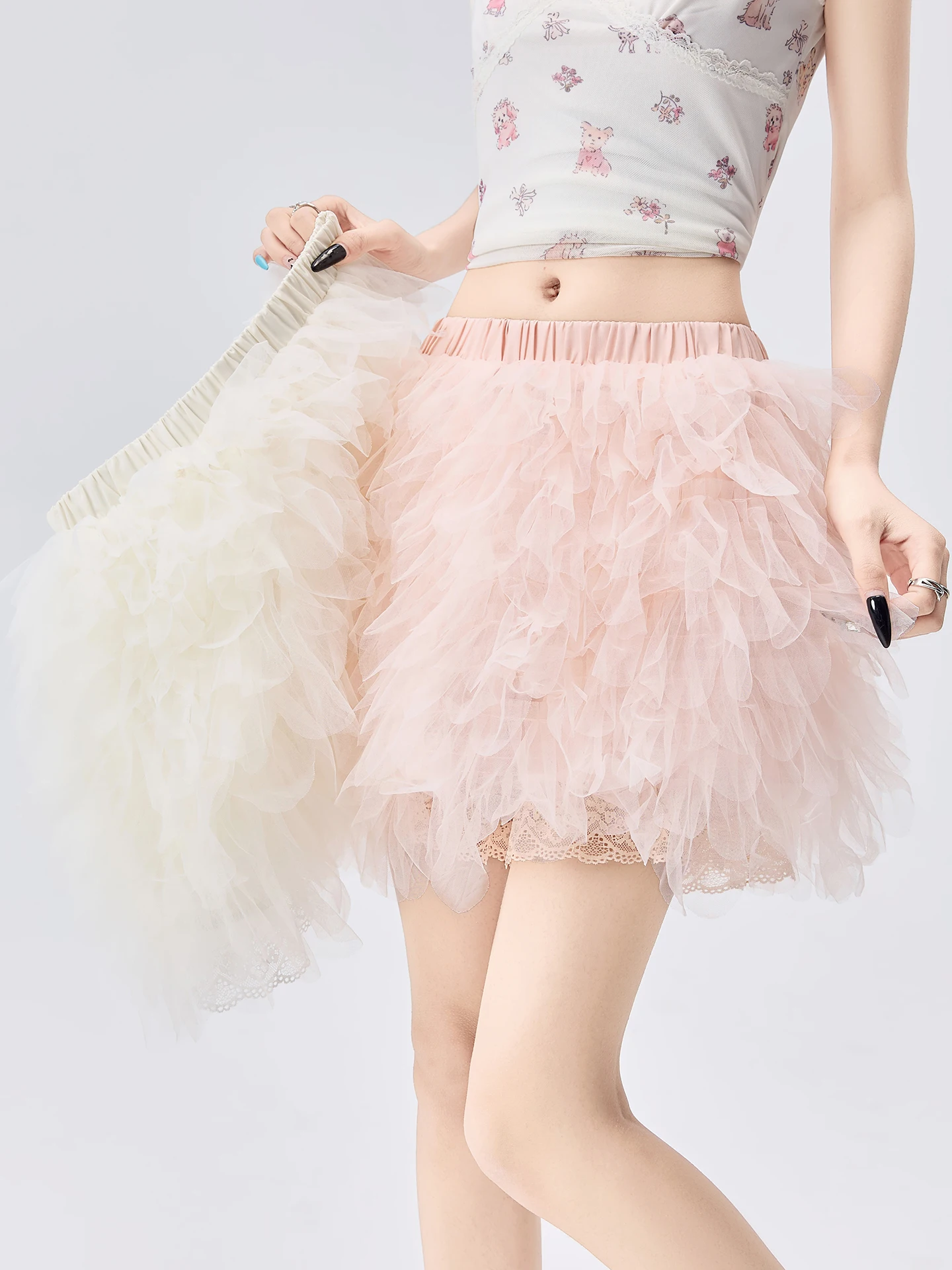 バレエスタイルプリーツふわふわメッシュハーフスカート女性の夏ハイウエストスリムaラインミニスカートカジュアルボディコンスカート