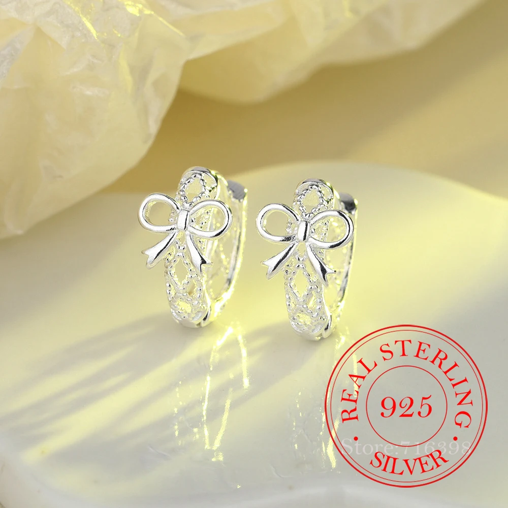 

Ювелирные изделия из настоящего стерлингового серебра 925, серьги-кольца с полым бантом и кристаллами для женщин, ювелирные изделия для свадебной вечеринки для девочек, подарок другу