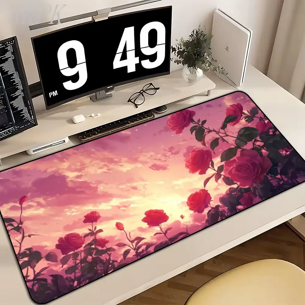 Pink Rose Sunset Sky Large Mouse Pad Anime Floral Scenery Desk Mat Non Slip Rubber Base Gaming Keyboard Pad Home Decor mousepads