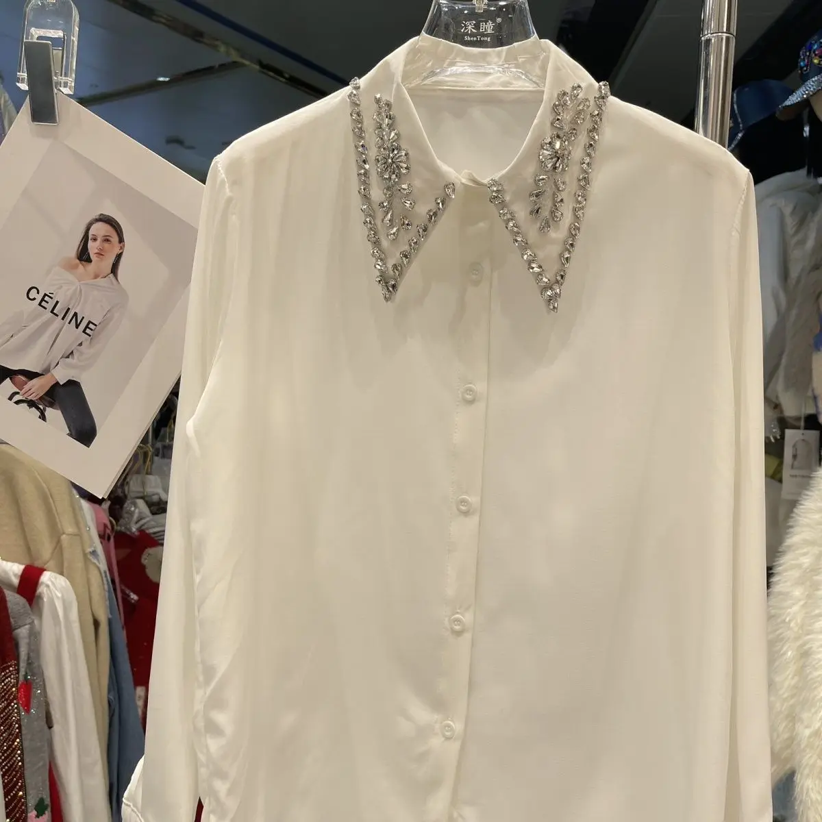 

Woman White Faux Silk Diamonds Beaded Collar Shirts Rhinestones Floral Satin Blouses OL Crystal Cardigan Single Breasted Tops