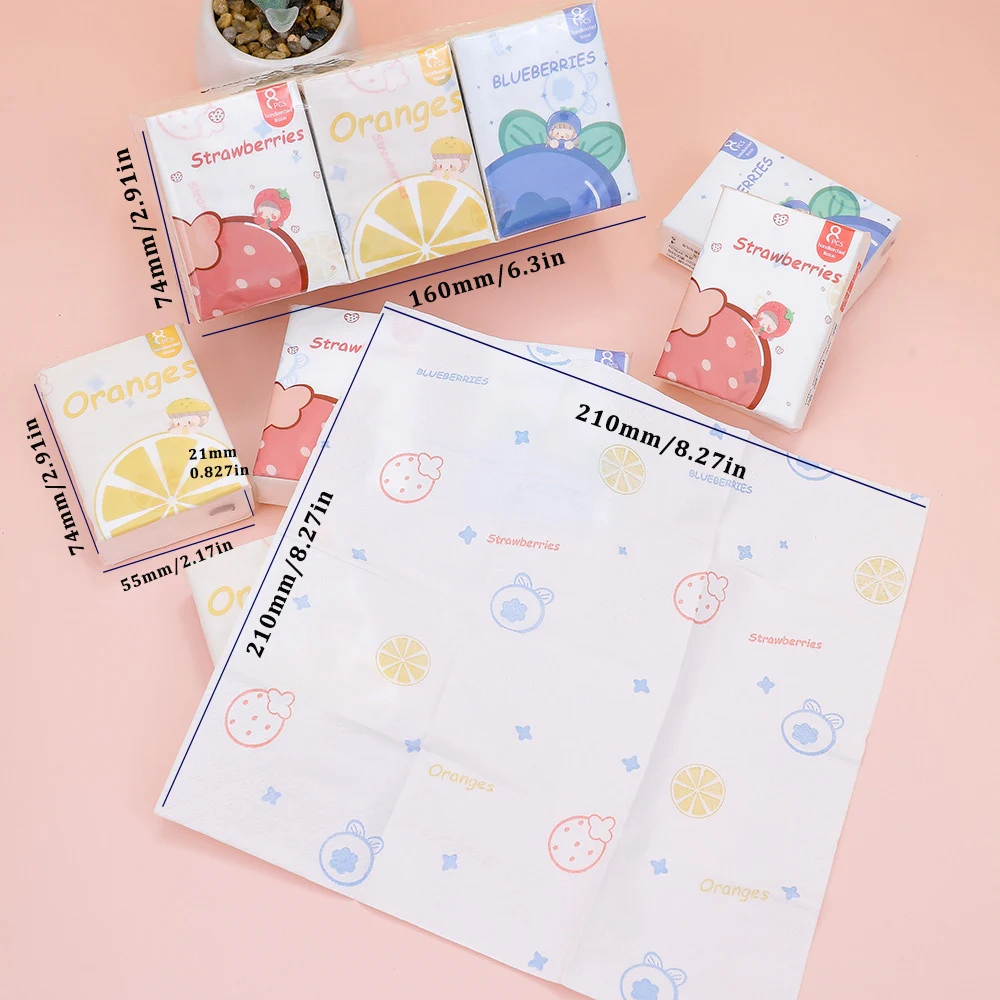 9 unids/pack flor y fruta Mini pañuelo de papel estudiante portátil bolsillo tejido dibujos animados impreso papel higiénico para limpieza diaria