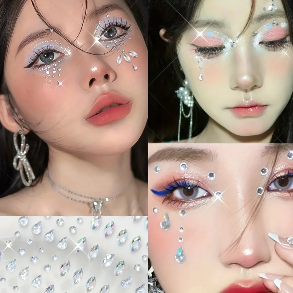 1 Sheet Tear-Shaped 3D Sparkling Gemstone Face Stickers Round Teardrop Glitter Rhinestone Designs for Face Hair Body Aesthetics