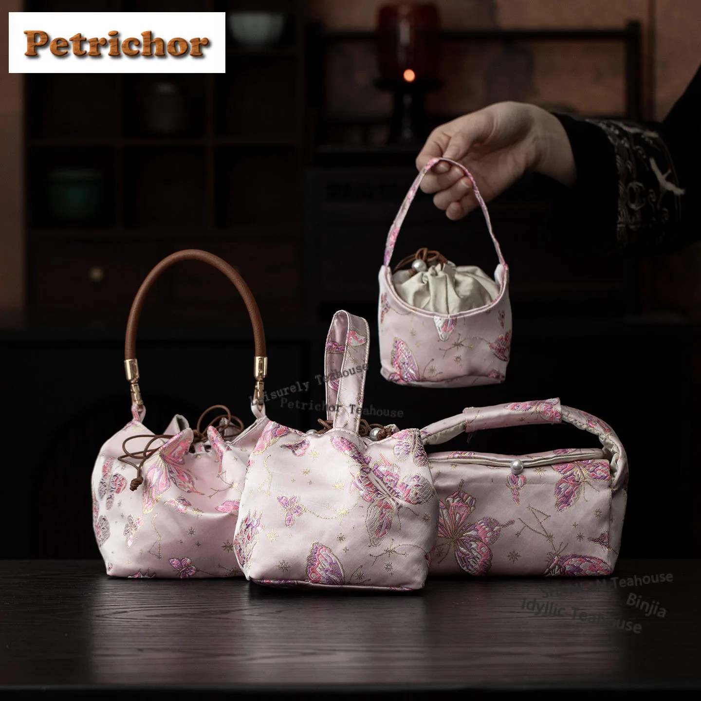 Brocade Pink Butterfly Tea Cozies Ancient Bundle Tea Dish Bag Tea Cozy for Teapot Hand Bag Travel Tea Set Bag Chinese Tea Set