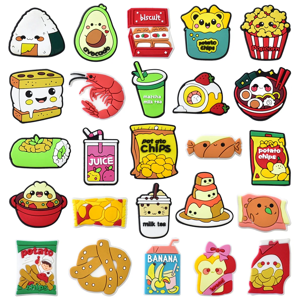 25 uds. De dijes para zapatos de la serie Snacks, llavero para zapatos, sandalias, bolsas de playa, patatas fritas, jugo, accesorios de decoración para zapatos DIY, alfileres para zapatos