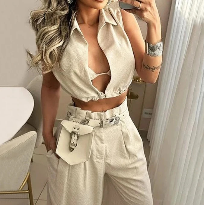 Two Piece Set Women Outfit 2024 Summer Fashion Solid Color Lapel Sexy Sleeveless Crop Top & Casual High Waist Wide Leg Pants Set