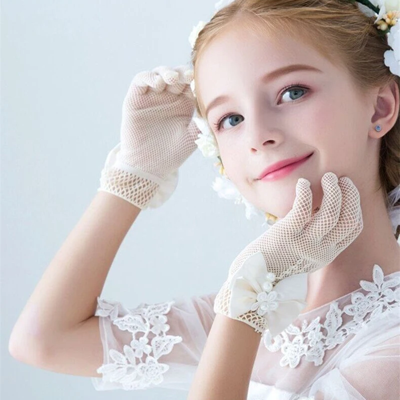 2 Pairs Lace Pearl Bow Mittens For Women Girls Sweet Princess Wedding Party Fishnet Gloves For Communion Thin Short Mesh Mittens